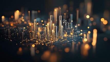 Poster - glowing vertical light pillars create futuristic cityscape with golden bokeh effect against dark bac