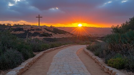 Canvas Print - Sunset path leads to hilltop cross, coastal background, peaceful scene, religious imagery