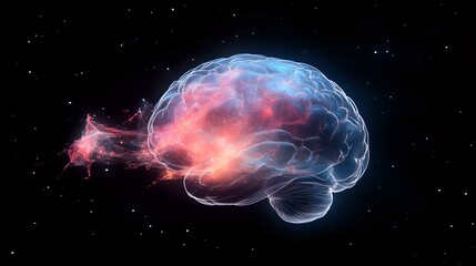 Poster - Glowing translucent human brain with neural connections and energy trails floating in cosmic space, pink and blue colors illuminate anatomical structure against starry background.