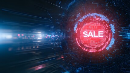 Poster - glowing red sale sign in futuristic digital space with neon circles and light streaks. abstract tech