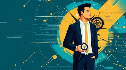 Poster - Businessman holding compass, navigating digital landscape.