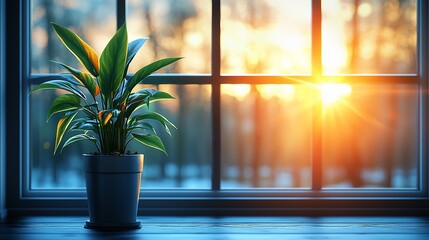 Poster - Sunset view through window, potted plant. Home interior, winter scene. Stock photo