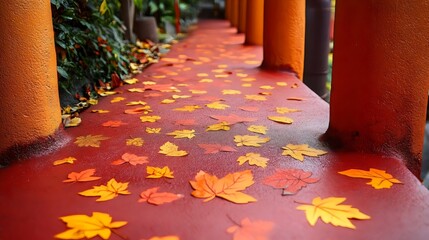 Wall Mural - A red walkway with leaves scattered across it