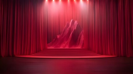 Wall Mural - Red stage curtains, spotlights, mountain peak.