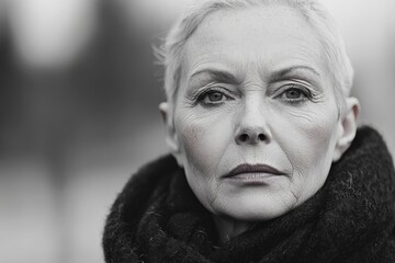 Wall Mural - Mature woman with short gray hair wearing a scarf, standing outdoors with a serious expression in a black and white portrait