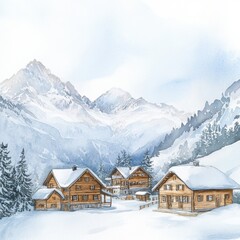 Aufkleber - Winter landscape featuring cozy wooden chalets nestled in snow covered mountains. Generative AI