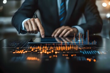 Poster - Businessman analyzing financial market data on digital display with glowing orange and blue charts, working late at modern office desk.