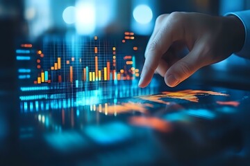 Poster - Financial analyst working with interactive data visualization dashboard showing market trends and statistics on digital display in dark blue environment.