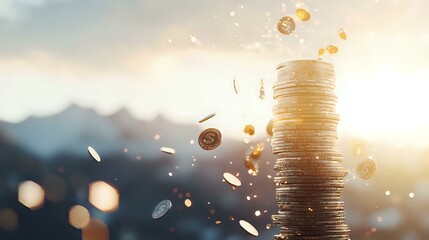 Poster - Stack of golden coins falling and floating against blurred mountain landscape at sunset, symbolizing wealth, financial growth and investment success.