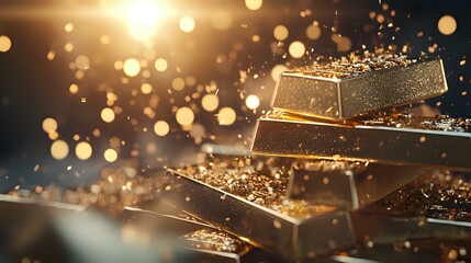 Poster - Gold bars stacked with glittering particles and bokeh lights against dark background, dramatic lighting creates luxury atmosphere for financial concepts.