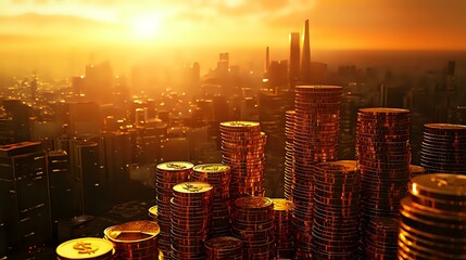 Poster - Stacks of golden coins against urban skyline silhouette at dramatic sunset, financial district towers in background, wealth and investment concept.