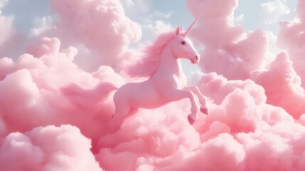 Wall Mural - Pink unicorn leaping through fluffy clouds.