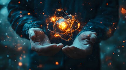 Poster - Glowing atomic particle orbits float above outstretched hands against dark background, orange energy spheres and particles creating magical science atmosphere.