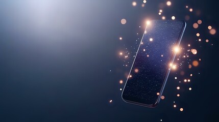 Poster - Floating smartphone with glowing screen surrounded by magical sparkles and bokeh lights against dark blue background, modern technology concept.