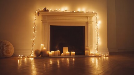 Aufkleber - Cozy living room with warm candlelight and soft glow from fairy lights during evening hours. Generative AI