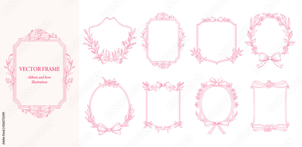 Floral Frame with ribbon and bow set . Pink color botanical vector ...