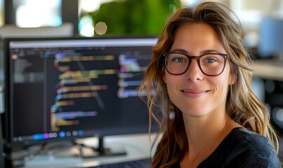 Poster - Young Caucasian female software developer with glasses smiling at workplace, computer screen with code in background shows programming environment.