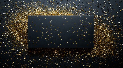 Poster - Luxurious black rectangle frame surrounded by scattered gold glitter particles on dark background, creating elegant festive atmosphere for holiday designs.