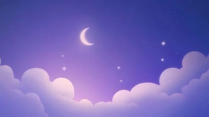 Wall Mural - Crescent moon, stars, and clouds in a purple night sky.