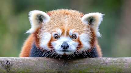 Wall Mural - Red panda cub looking at camera, forest background, wildlife photography, zoo