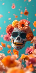 Mexican sugar skull decorated with orange and coral marigolds floating on turquoise background with falling petals, celebrating Day of the Dead cultural tradition.