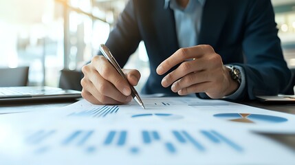 Poster - Businessman in dark suit analyzing financial charts and graphs, writing notes during data review and market research at modern office workspace.