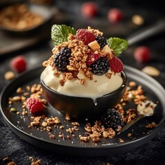 creamy yogurt adorned with an array of fresh berries and granola