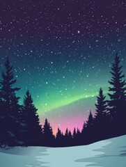 Aufkleber - Dazzling night sky with northern lights over snow covered landscape and trees. Generative AI