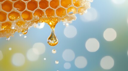 Poster - Fresh honey drips from natural honeycomb with golden droplet suspended in mid-air against soft bokeh background, capturing sweet organic food moment.