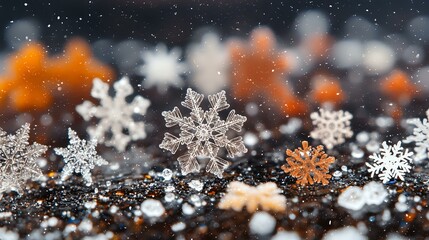 Poster - Delicate white and orange snowflake decorations with bokeh lights on dark background create magical winter holiday atmosphere. Perfect for seasonal designs.