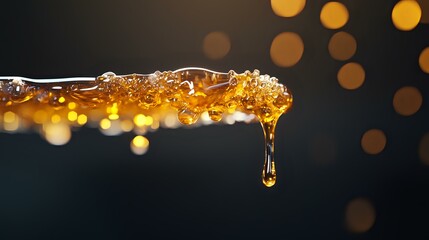 Poster - Golden honey drips from crystal edge against dark background with glowing bokeh lights, macro photography capturing sweet amber liquid in motion.