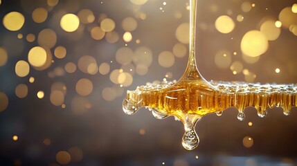 Poster - Golden honey dripping from honeycomb with bokeh lights background, close-up macro photography showing viscous amber liquid forming drops against dark backdrop.