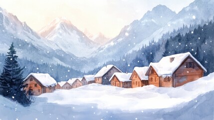 Aufkleber - Snowy village nestled in mountains during winter morning with wooden cabins and snow covered landscape. Generative AI