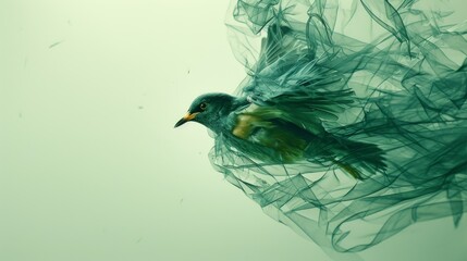 Aufkleber - A mesmerizing bird mid-flight with dynamic, ethereal green smoke wings on a pale green background, blending realism and fantasy. AI generated for creative projects.