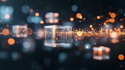 Poster - Glowing transparent cube floating in dark space with magical bokeh lights and sparkles creating dreamy atmospheric background effect.