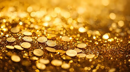 Poster - Shimmering golden bokeh background with scattered metallic circles creating magical light effects and glowing sparkles on dark surface. Luxury abstract backdrop.
