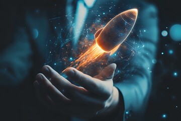 Poster - Glowing rocket hologram floating above open palm against dark background with magical particles and blue bokeh lights creates futuristic atmosphere.