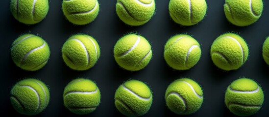 Wall Mural - Aerial view of vibrant green tennis balls arranged neatly on a dark surface, showcasing texture