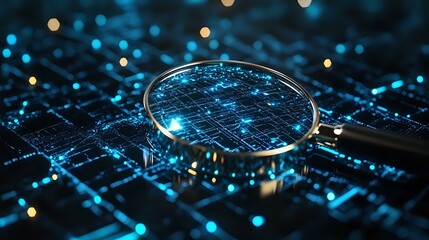 Poster - Magnifying glass examining glowing blue circuit board with digital connections and light effects, technology concept for data analysis and cybersecurity research.