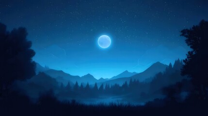 Wall Mural - Serene moonlit landscape with silhouetted mountains, trees, and a calm lake under a starry night sky.