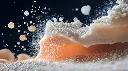 Poster - Macro shot of orange liquid with white foam splash and bubbles against dark background, dynamic fluid motion with dramatic lighting and droplets in motion.