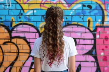 Wall Mural - A young girl with long, curly hair stands in front of a vibrant graffiti wall, showcasing colorful street art. Curly Urban Vibe, Bold Style