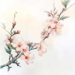 Canvas Print - Delicate pink blossoms on a branch with green leaves against a soft, light background.