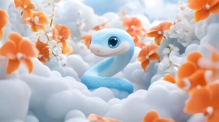 Wall Mural - Cute blue snake in flowers and clouds.