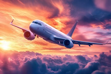 Leinwandbilder - Plane soaring through colorful sunset clouds in the sky above the horizon. Generative AI