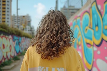 Wall Mural - A young woman with curly hair walks away, wearing a yellow shirt, with vibrant graffiti art in the background. Urban Trendsetter, Edgy Urban