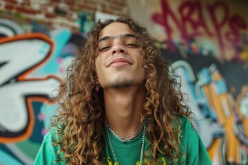 Wall Mural - Young Hispanic male with curly hair smiles confidently against a vibrant graffiti background. Urban Trendsetter, Edgy Urban