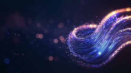 Poster - Magical glowing wave with sparkles and light particles flowing on dark background creates futuristic abstract composition in blue and purple colors.