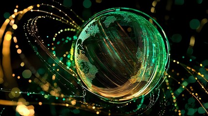 Poster - Glowing green and gold sphere with luminous swirling particles and light trails against dark background creates magical cosmic atmosphere for fantasy designs.