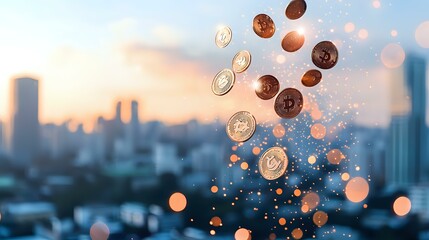 Poster - Cryptocurrency coins floating against blurred urban skyline at sunset, with glowing bokeh effects creating magical financial atmosphere.